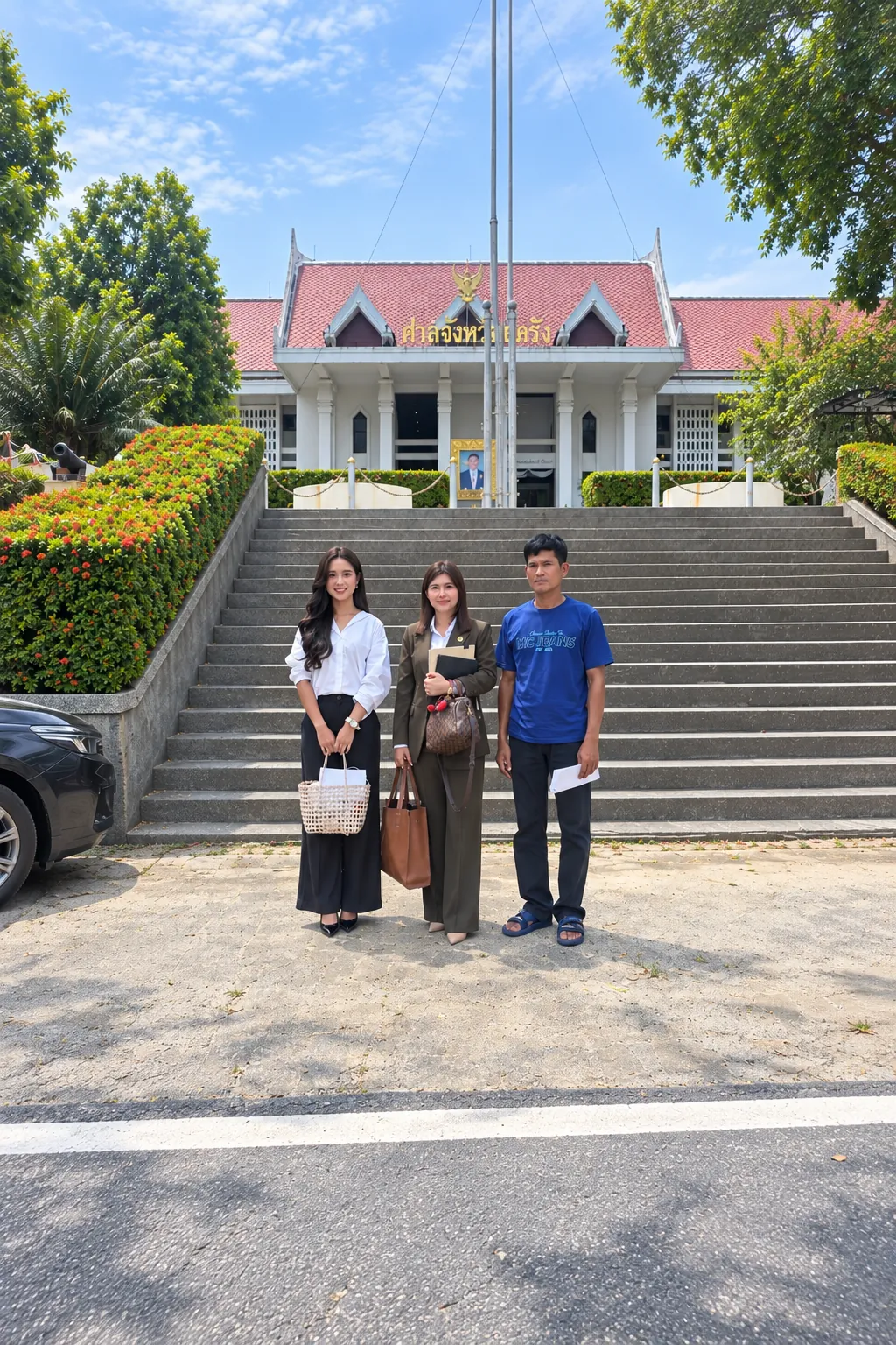 ทนายฐิรญายืนกับลูกความหน้าบันไดอาคารศาล