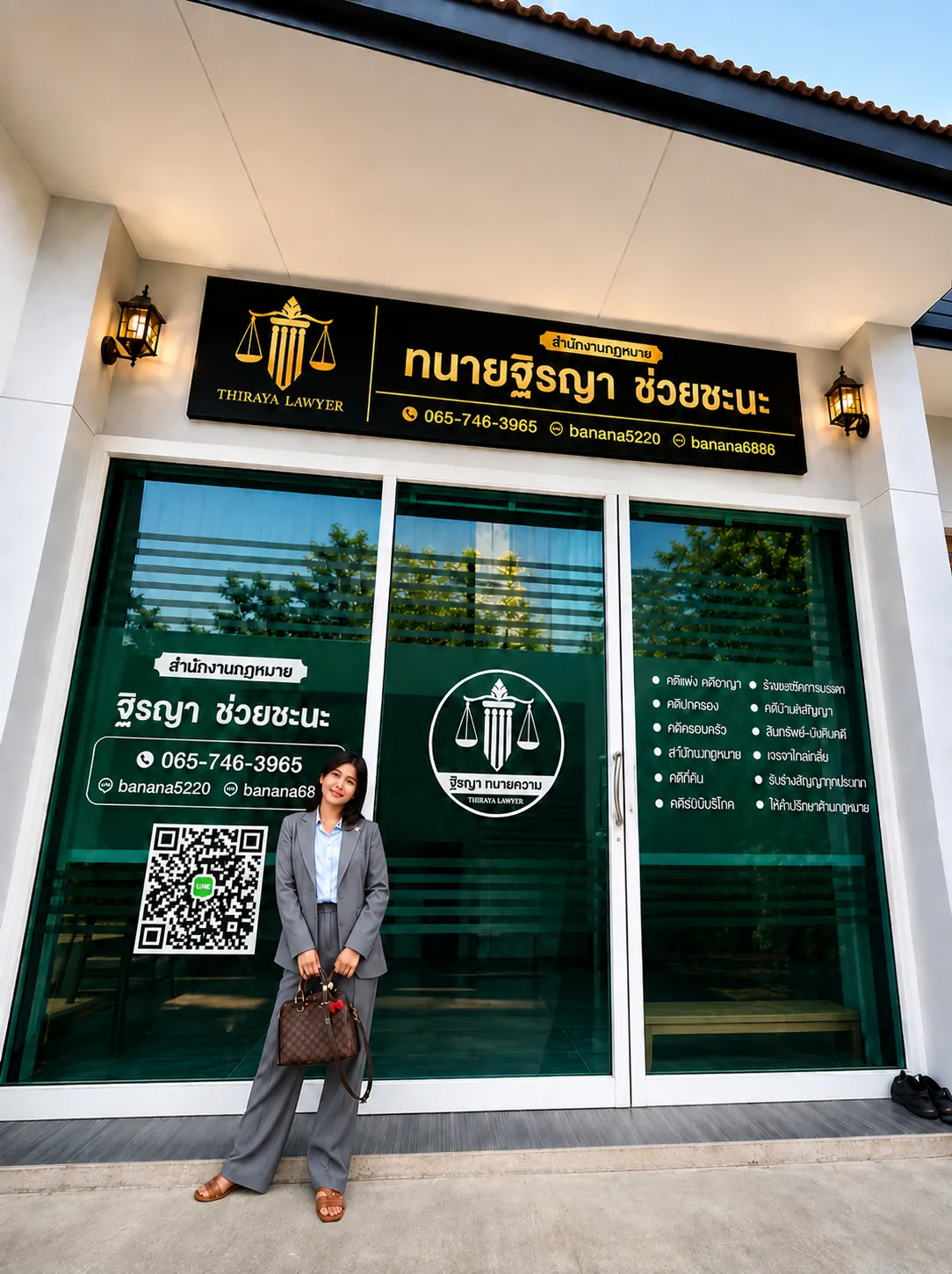 ทนายฐิรญายืนหน้าสำนักงานกฎหมาย ป้ายทนายฐิรญา ช่วยชะนะ พร้อมเบอร์โทรและไลน์